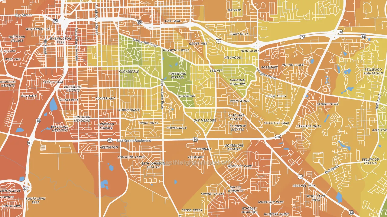 Map of the best neighborhoods in the 36111 area, with better matches in green and worse matches in red