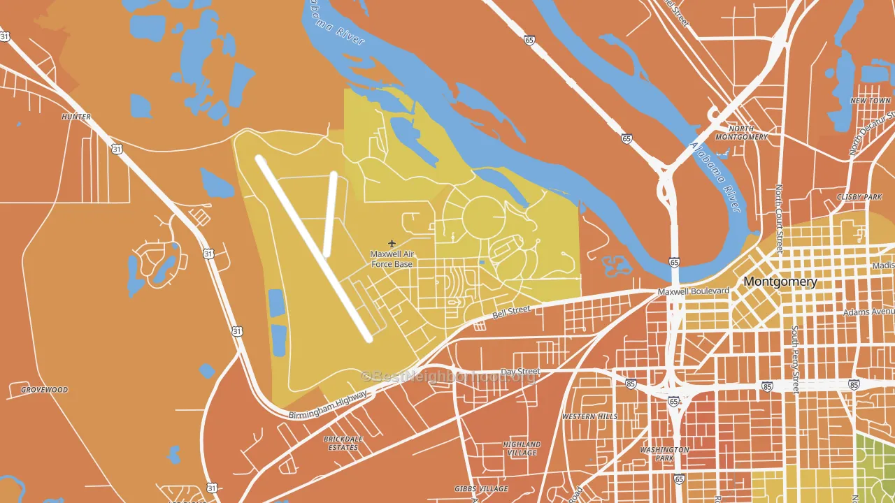 Map of the best neighborhoods in the 36112 area, with better matches in green and worse matches in red