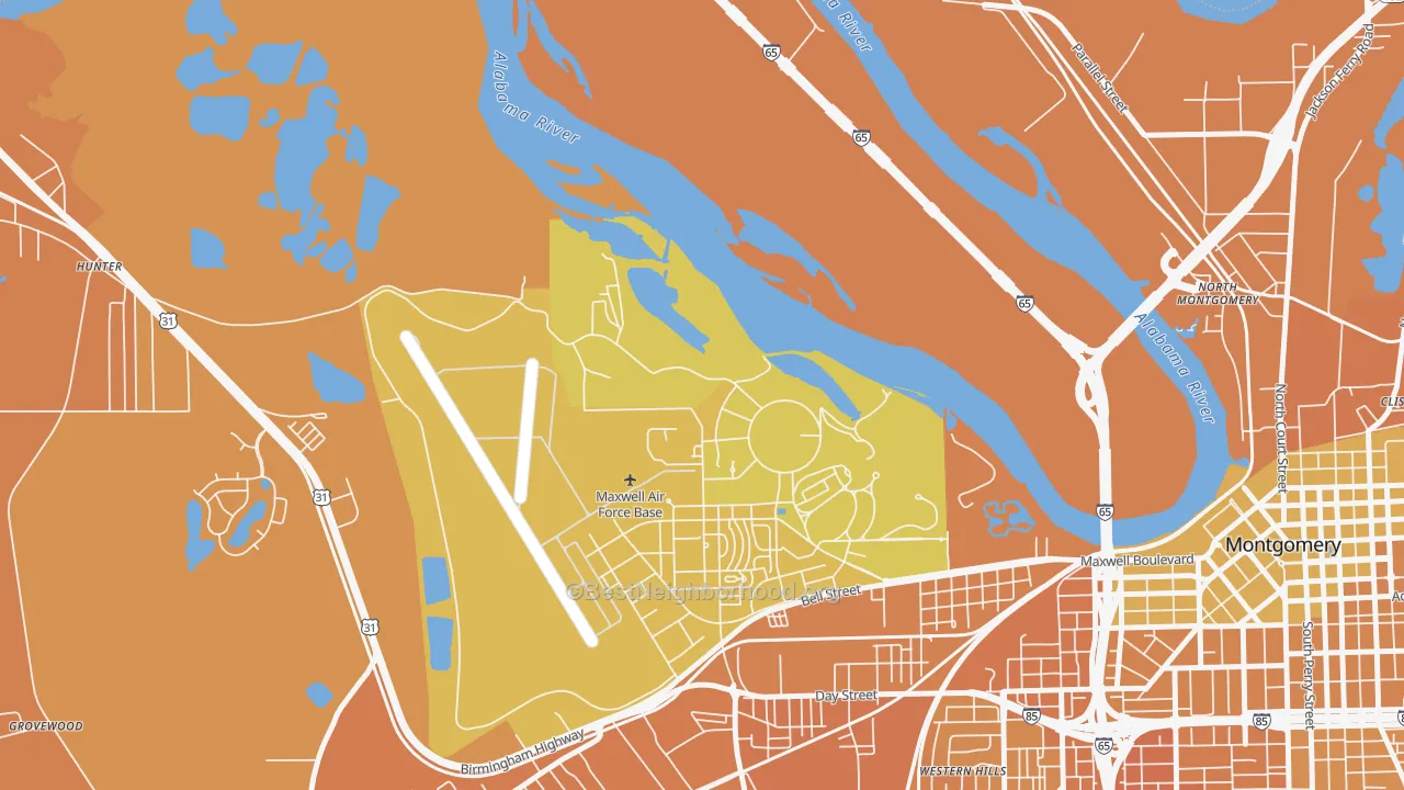 Map of the best neighborhoods in the 36113 area, with better matches in green and worse matches in red