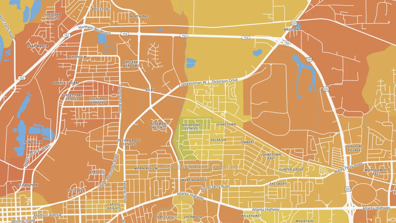 Map of the best neighborhoods in the 36114 area, with better matches in green and worse matches in red