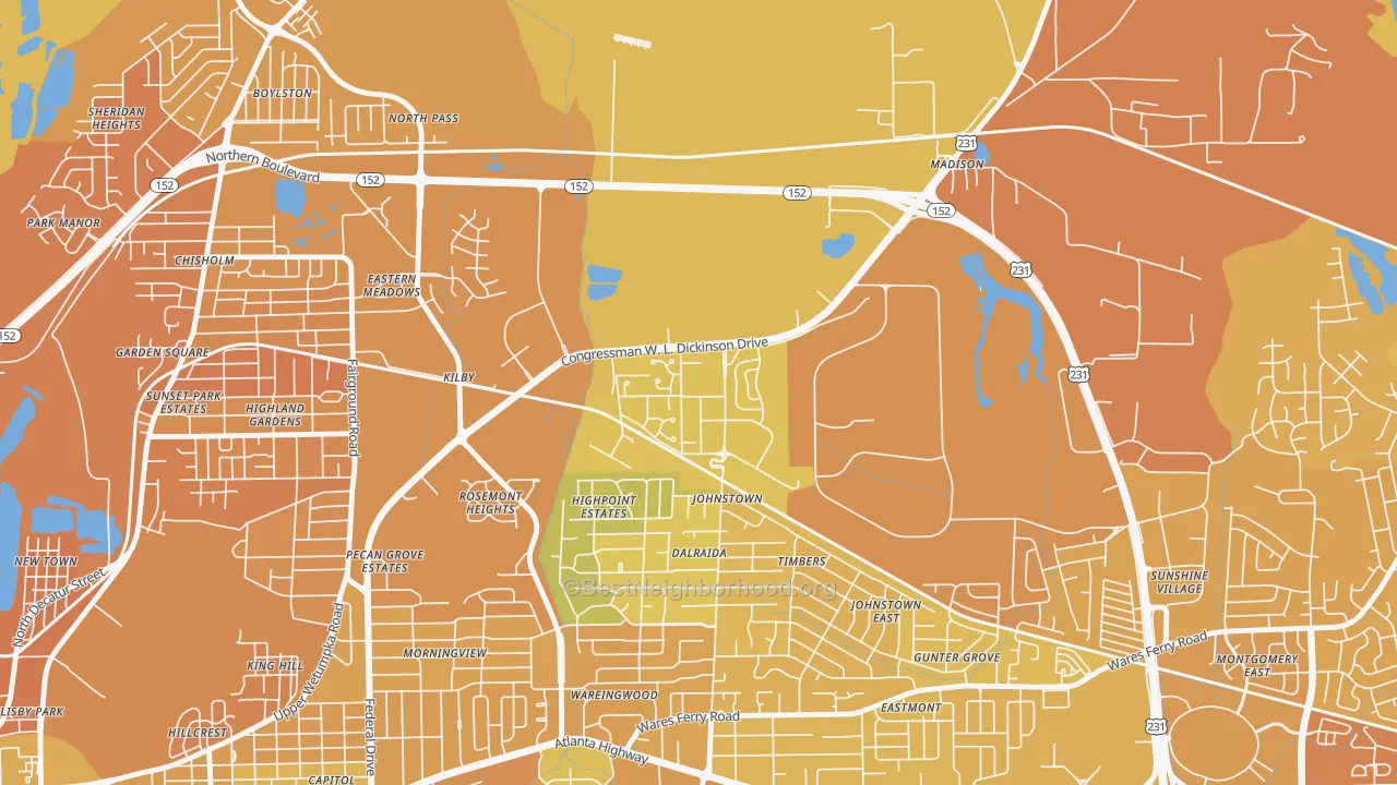 Map of the best neighborhoods in the 36115 area, with better matches in green and worse matches in red