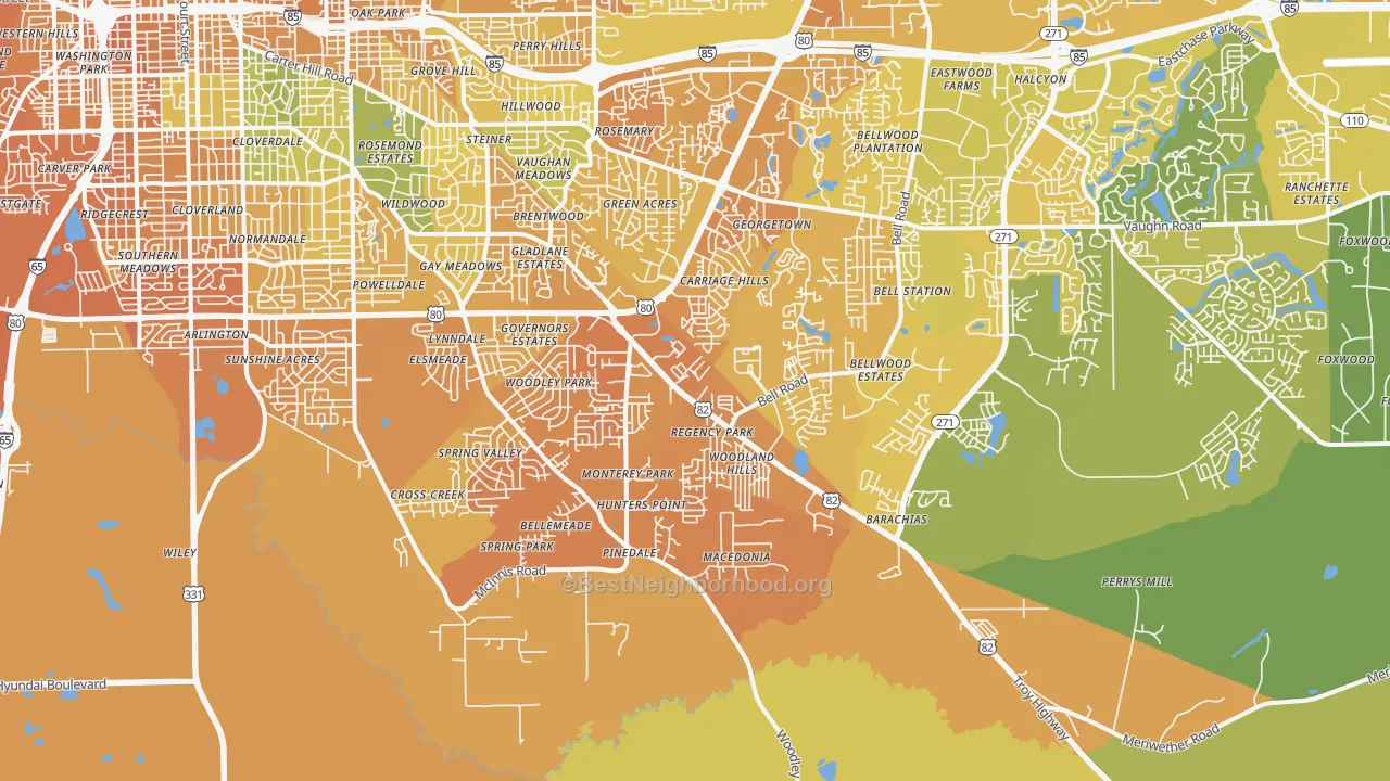 Map of the best neighborhoods in the 36116 area, with better matches in green and worse matches in red