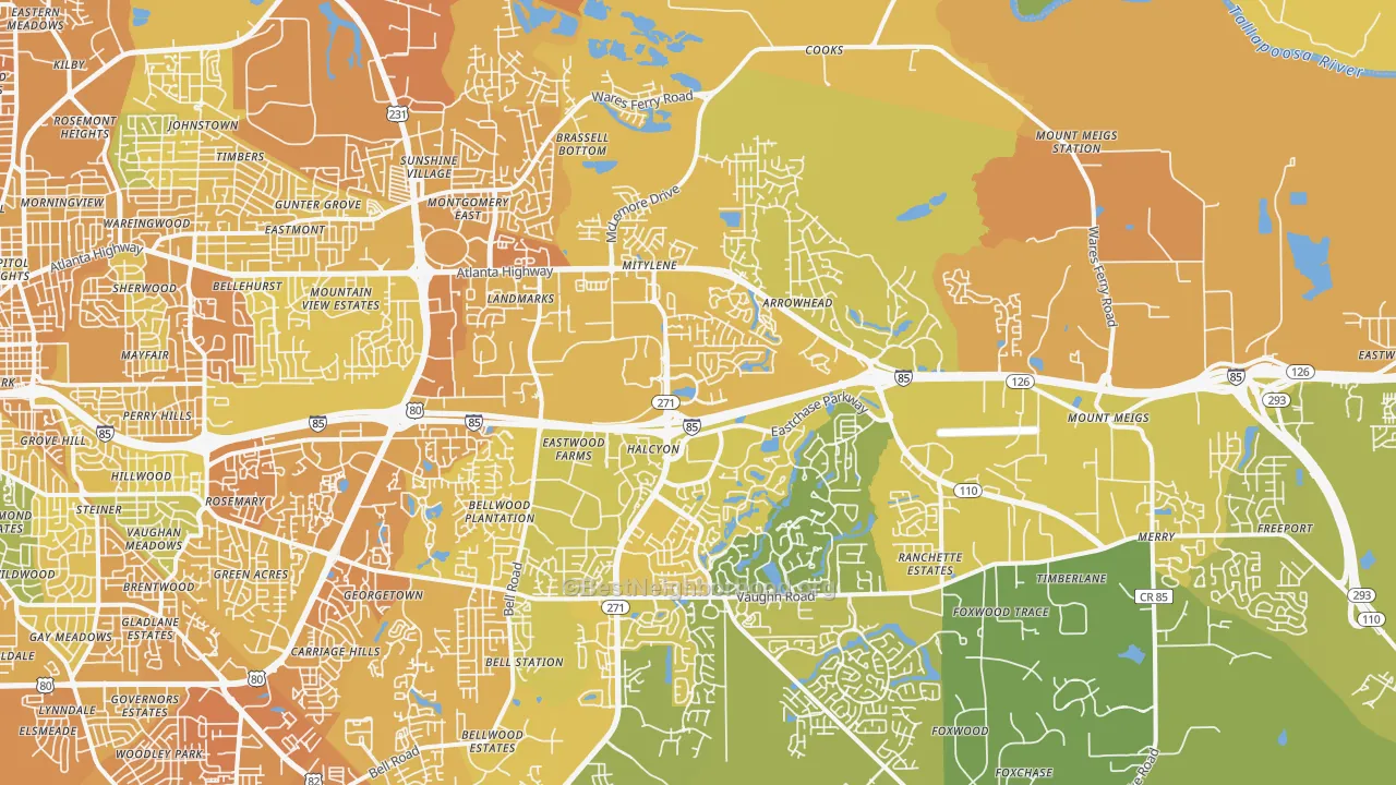 Map of the best neighborhoods in the 36117 area, with better matches in green and worse matches in red