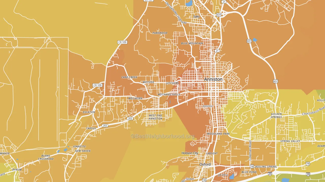 Map of the best neighborhoods in the 36201 area, with better matches in green and worse matches in red
