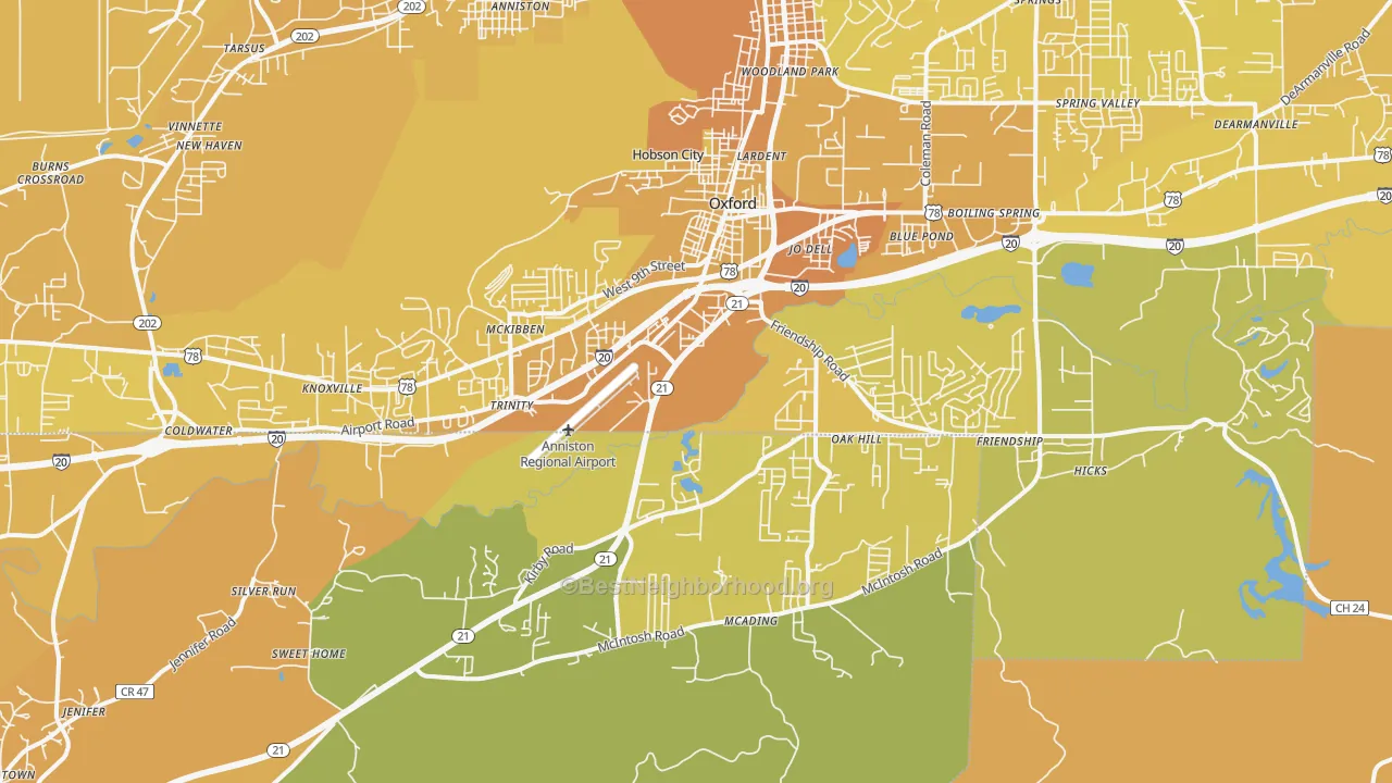 Map of the best neighborhoods in the 36203 area, with better matches in green and worse matches in red