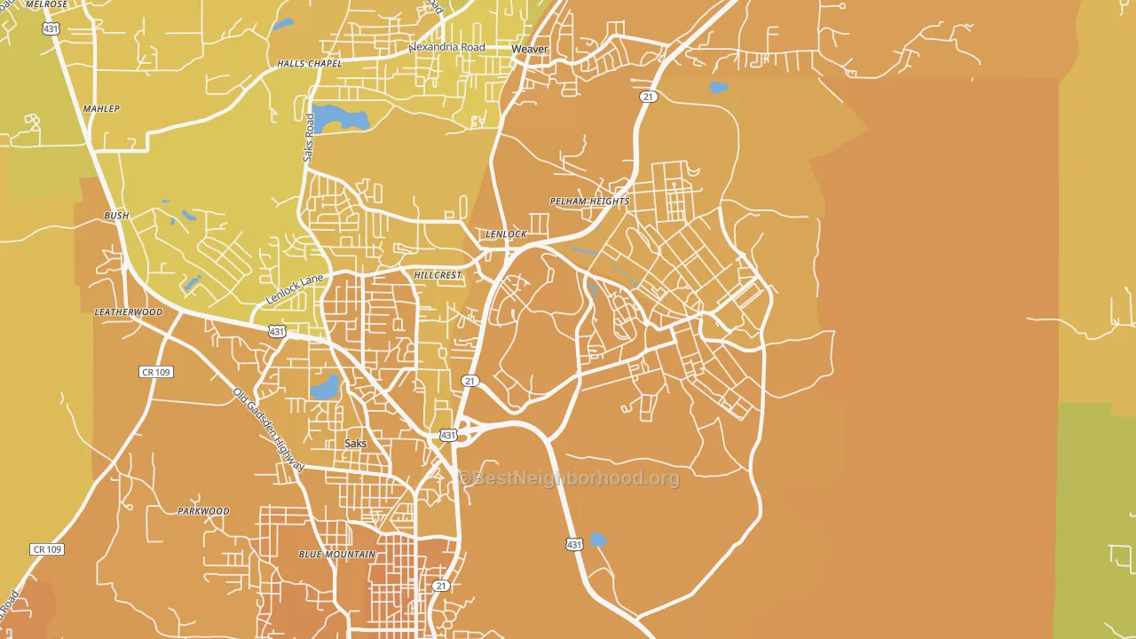 Map of the best neighborhoods in the 36205 area, with better matches in green and worse matches in red
