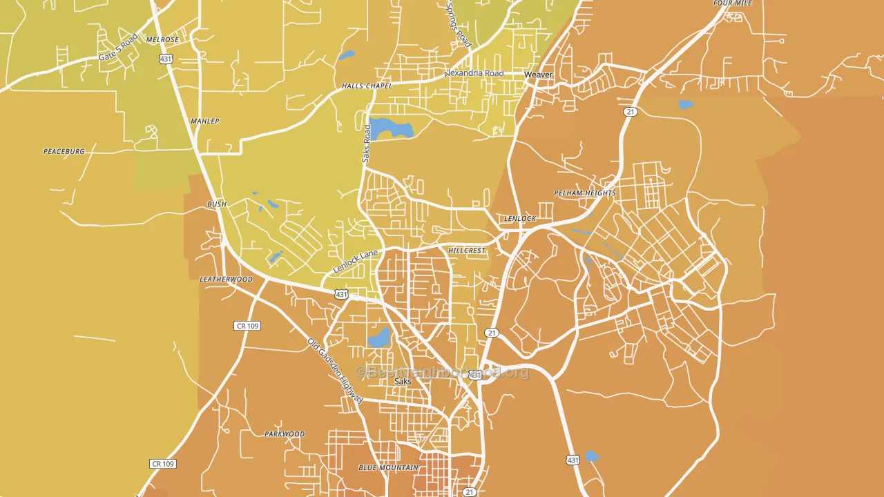 Map of the best neighborhoods in the 36206 area, with better matches in green and worse matches in red