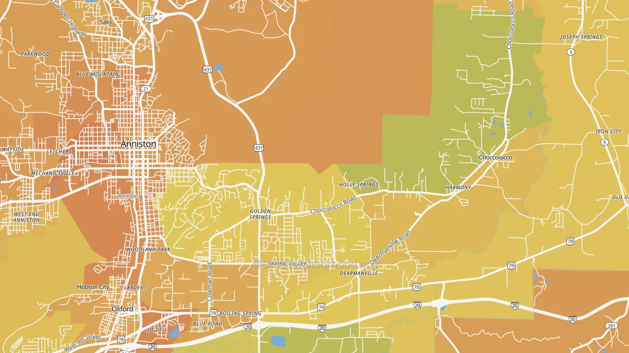 Map of the best neighborhoods in the 36207 area, with better matches in green and worse matches in red