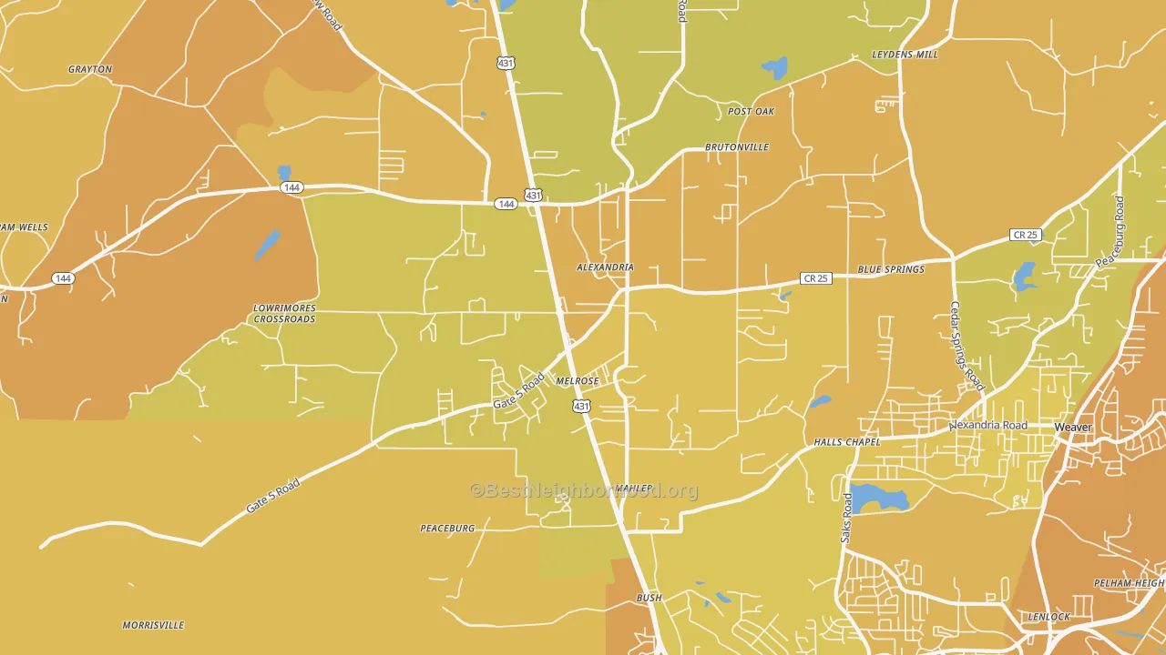 Map of the best neighborhoods in the 36250 area, with better matches in green and worse matches in red