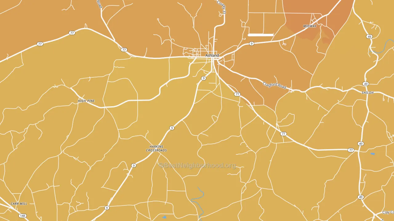 Map of the best neighborhoods in the 36251 area, with better matches in green and worse matches in red