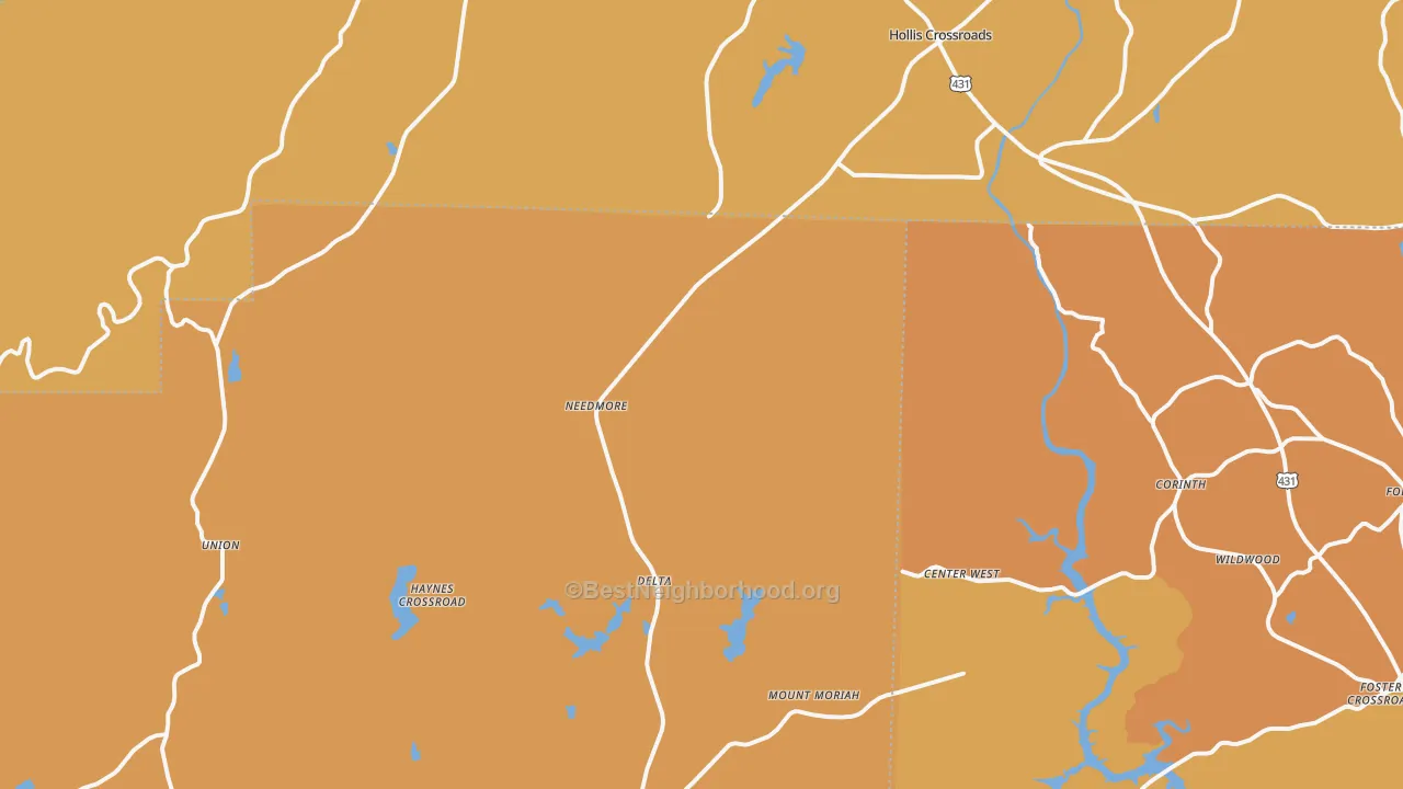 Map of the best neighborhoods in the 36258 area, with better matches in green and worse matches in red