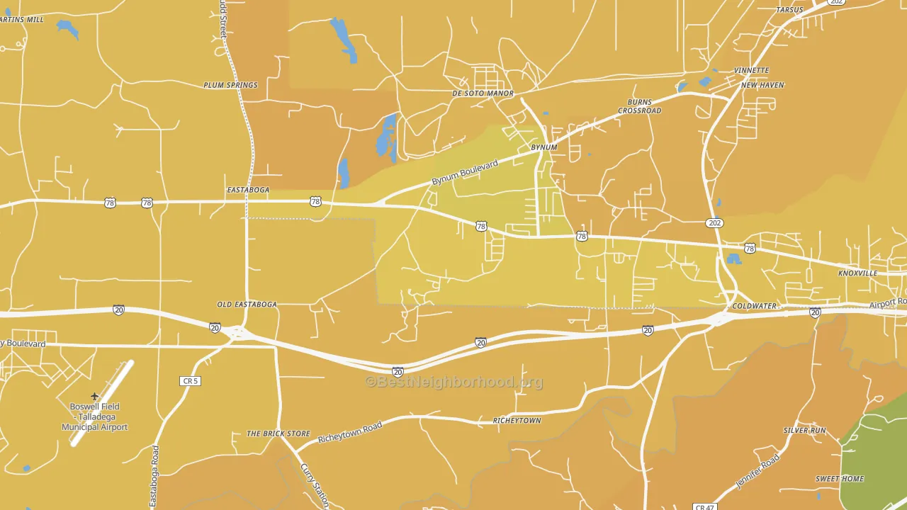 Map of the best neighborhoods in the 36260 area, with better matches in green and worse matches in red