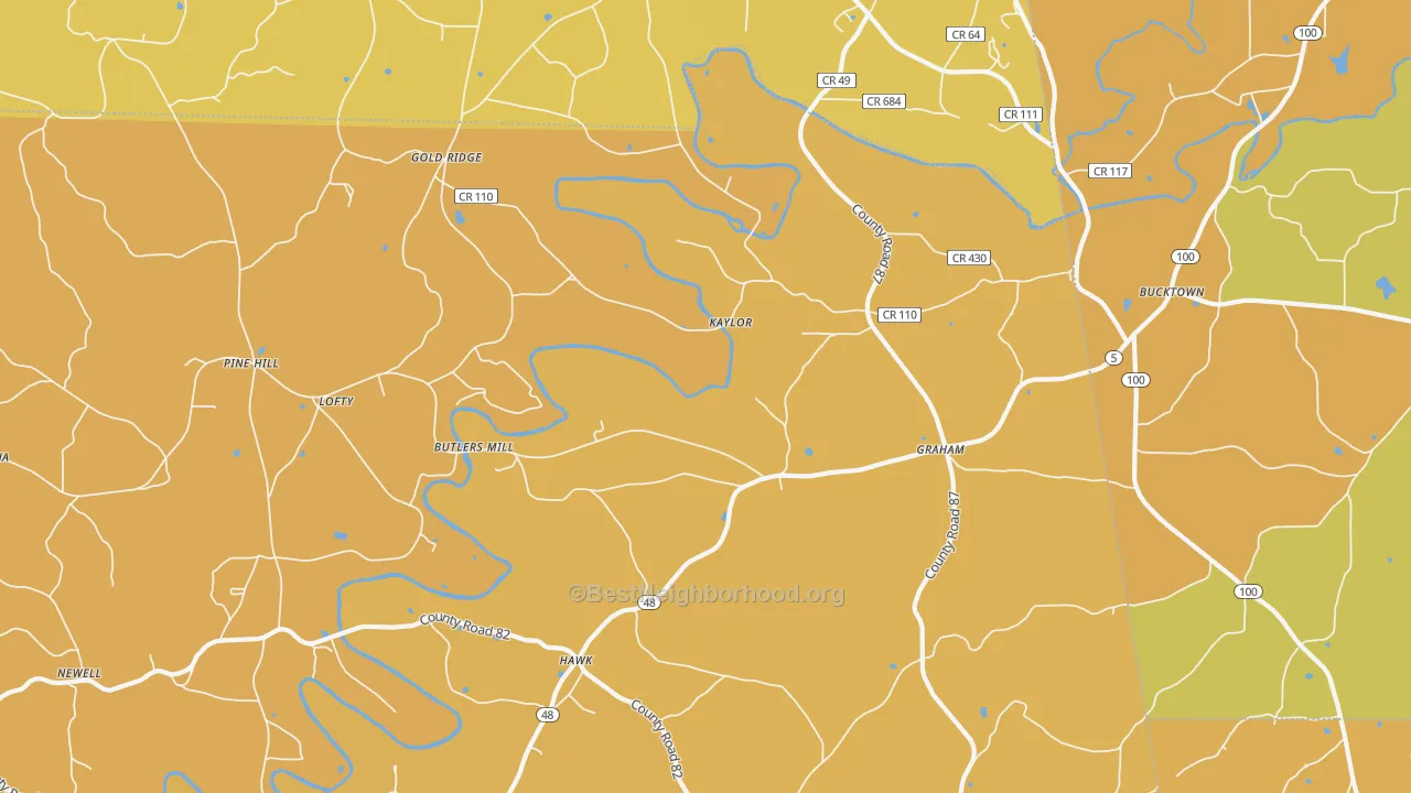 Map of the best neighborhoods in the 36263 area, with better matches in green and worse matches in red