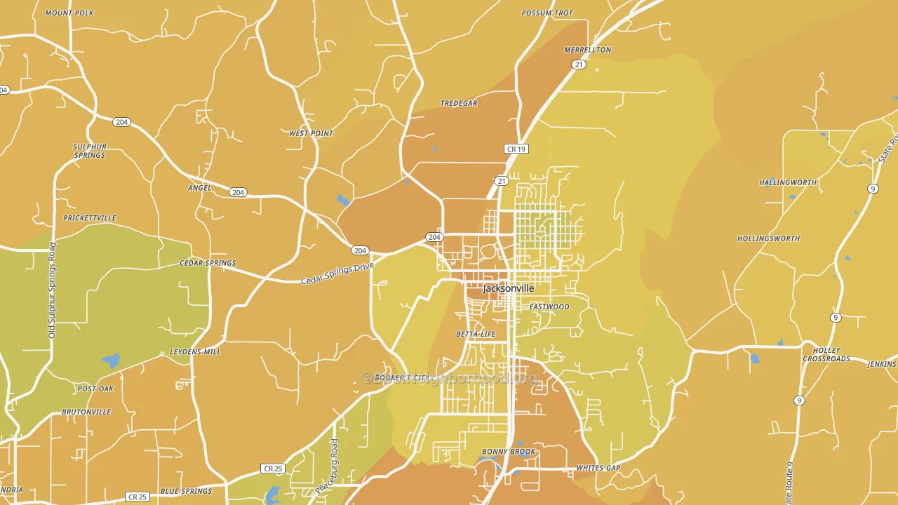 Map of the best neighborhoods in the 36265 area, with better matches in green and worse matches in red