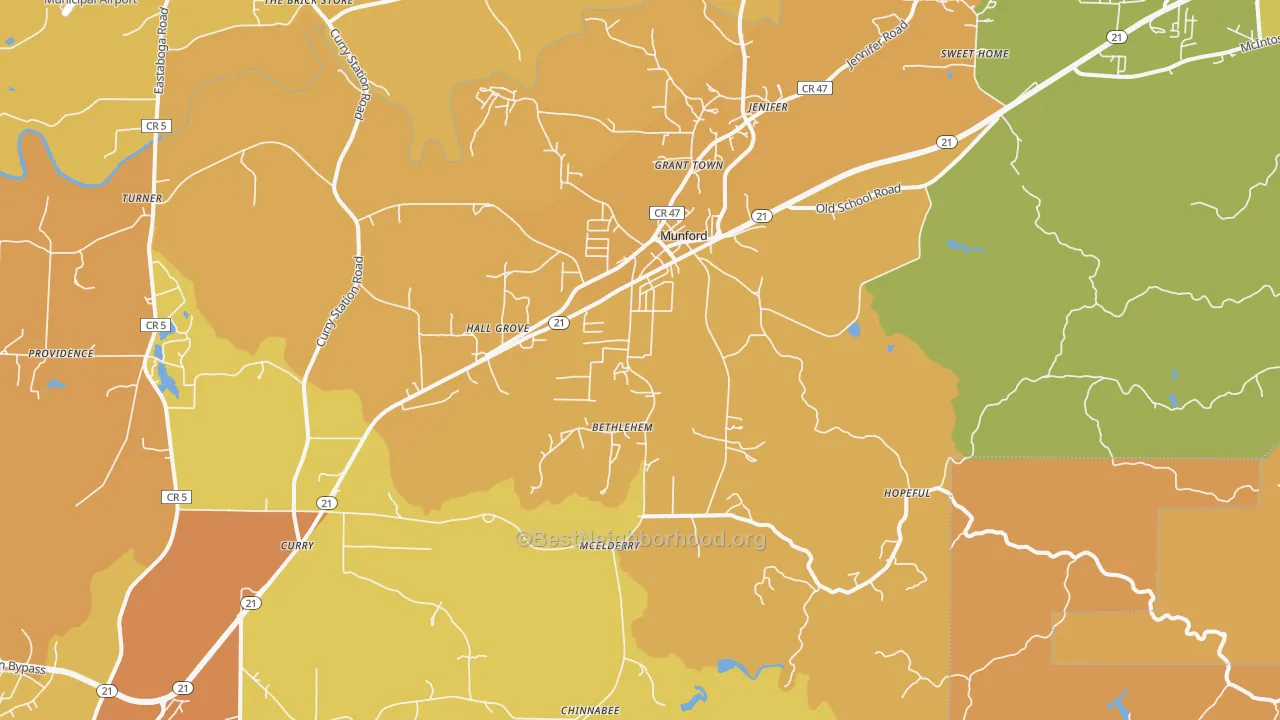 Map of the best neighborhoods in the 36268 area, with better matches in green and worse matches in red