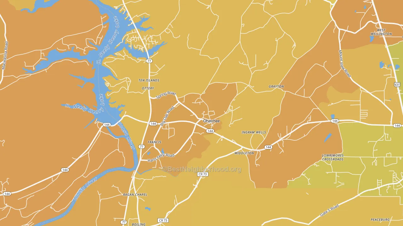 Map of the best neighborhoods in the 36271 area, with better matches in green and worse matches in red