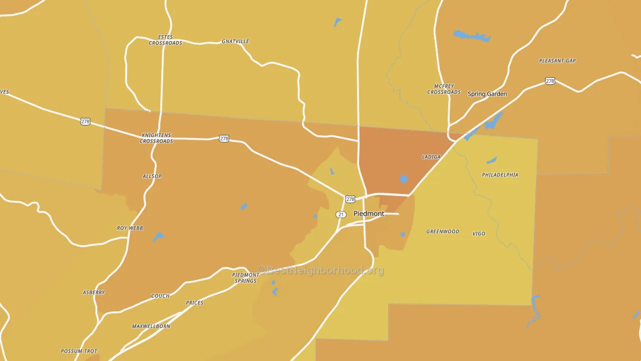 Map of the best neighborhoods in the 36272 area, with better matches in green and worse matches in red