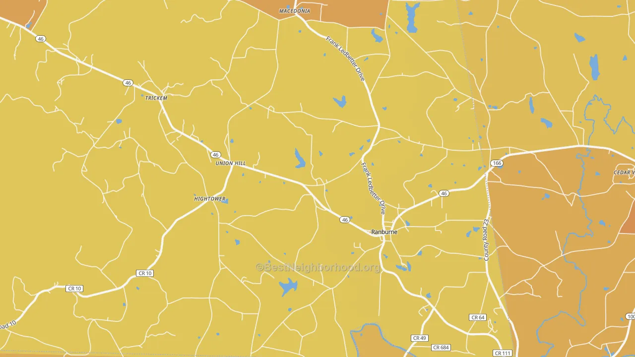Map of the best neighborhoods in the 36273 area, with better matches in green and worse matches in red