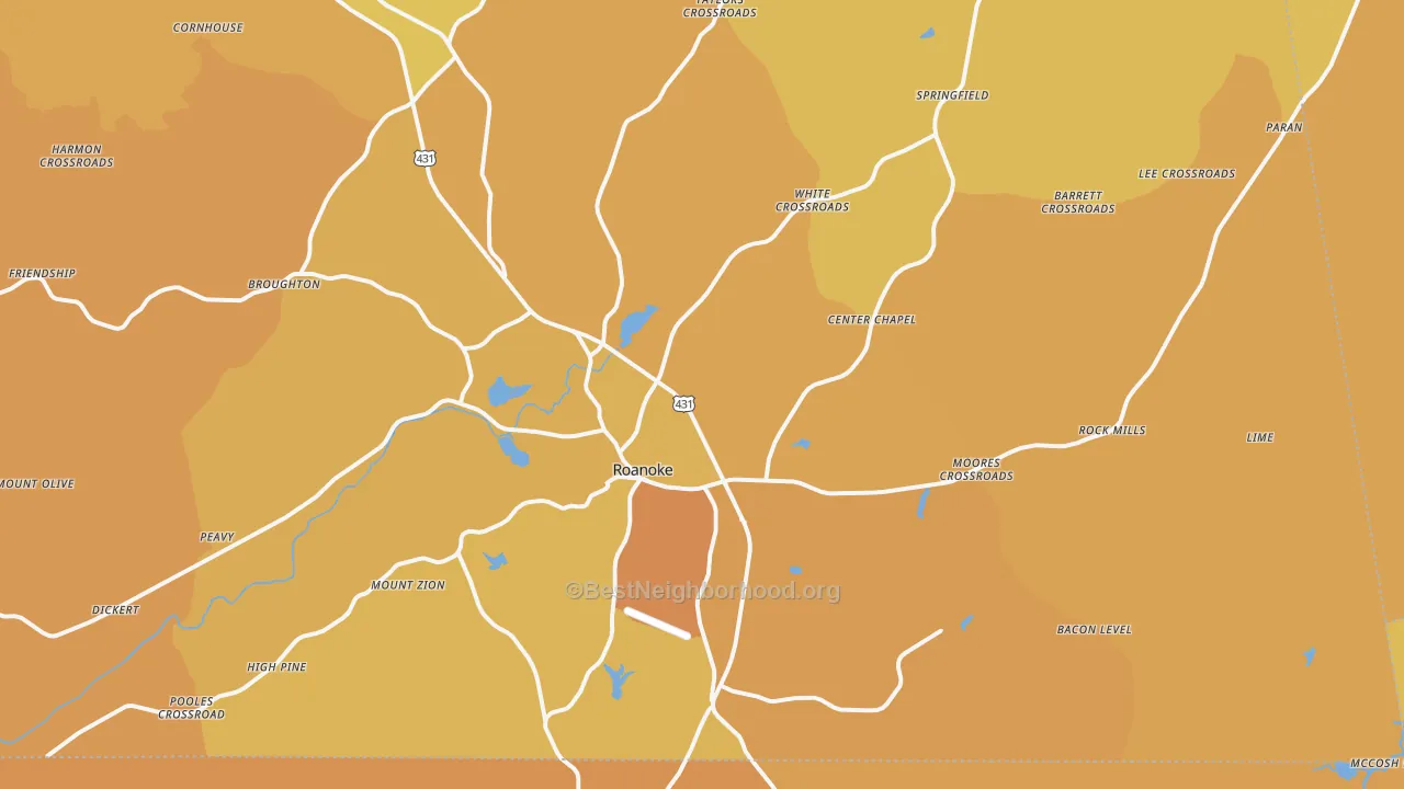 Map of the best neighborhoods in the 36274 area, with better matches in green and worse matches in red