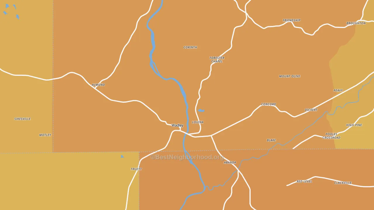 Map of the best neighborhoods in the 36276 area, with better matches in green and worse matches in red