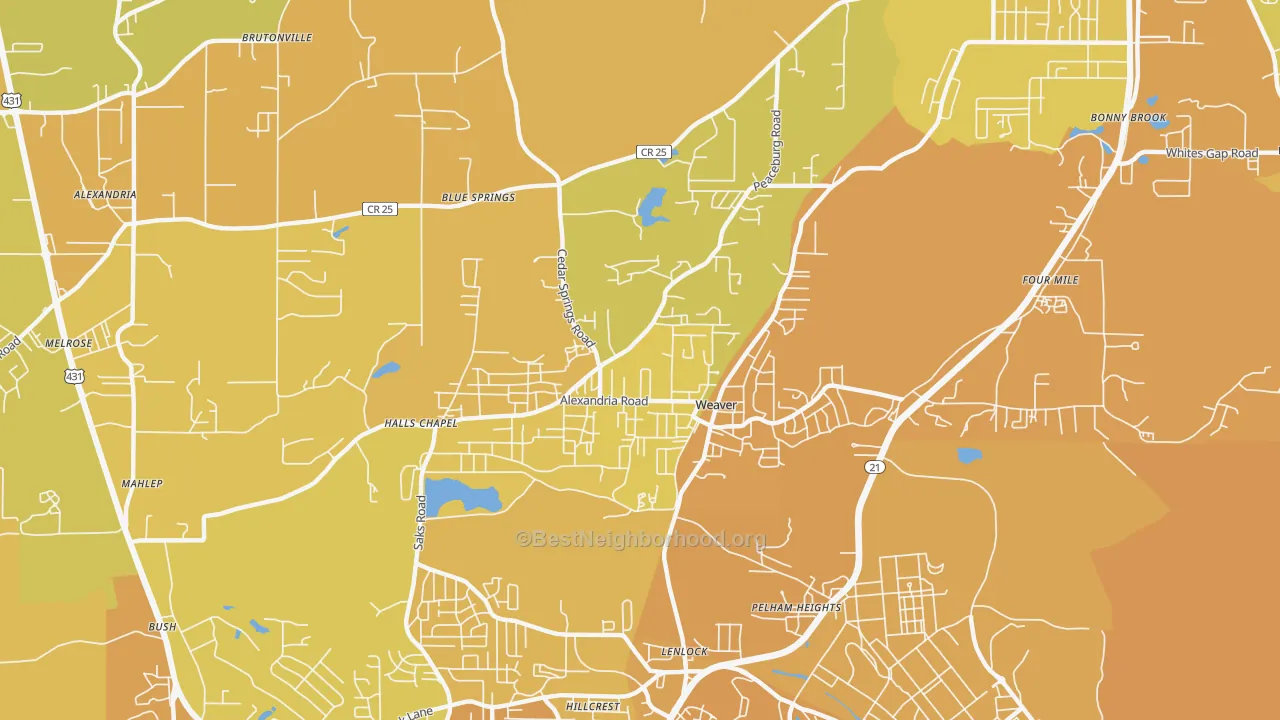 Map of the best neighborhoods in the 36277 area, with better matches in green and worse matches in red