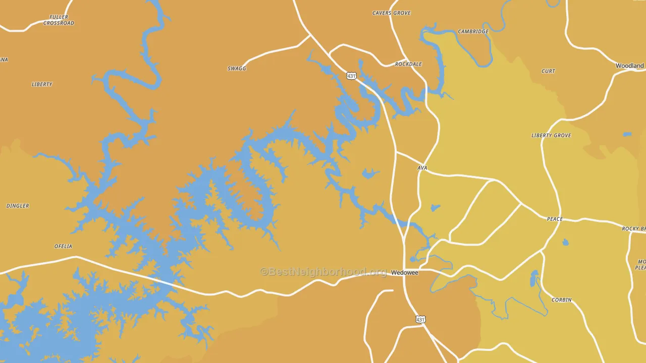 Map of the best neighborhoods in the 36278 area, with better matches in green and worse matches in red