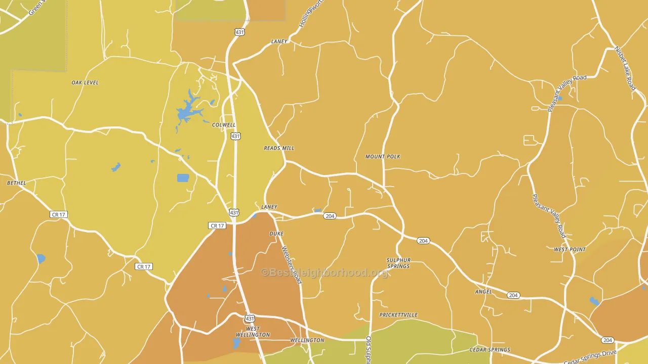 Map of the best neighborhoods in the 36279 area, with better matches in green and worse matches in red