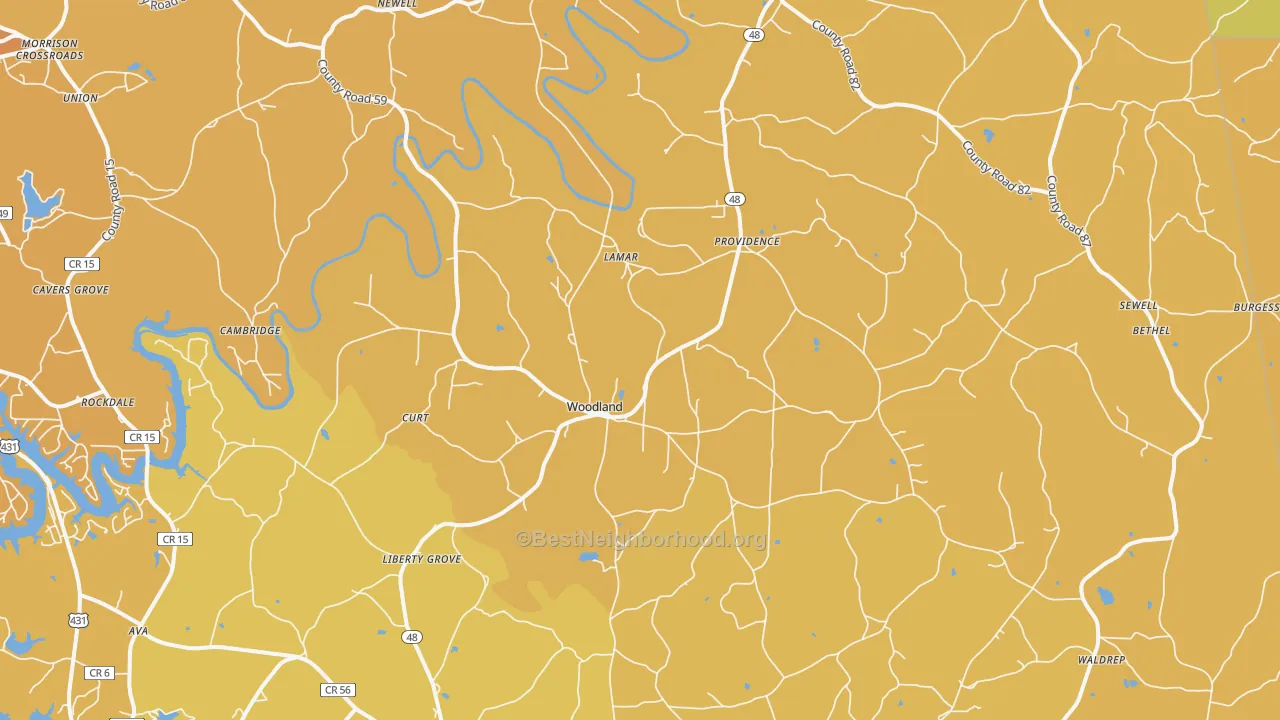 Map of the best neighborhoods in the 36280 area, with better matches in green and worse matches in red