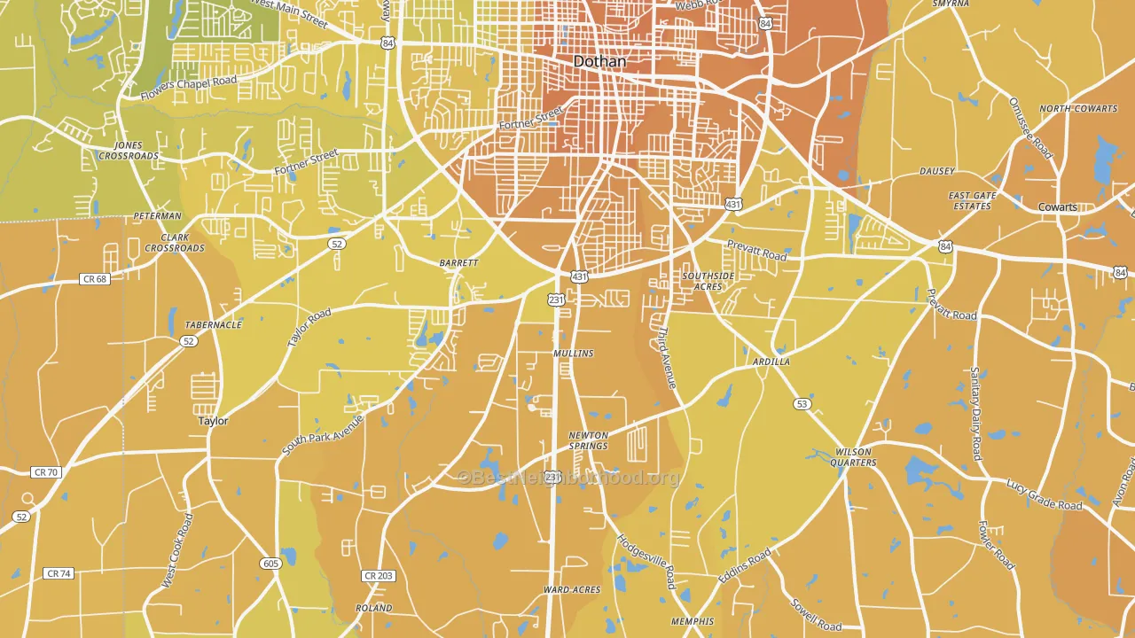 Map of the best neighborhoods in the 36301 area, with better matches in green and worse matches in red