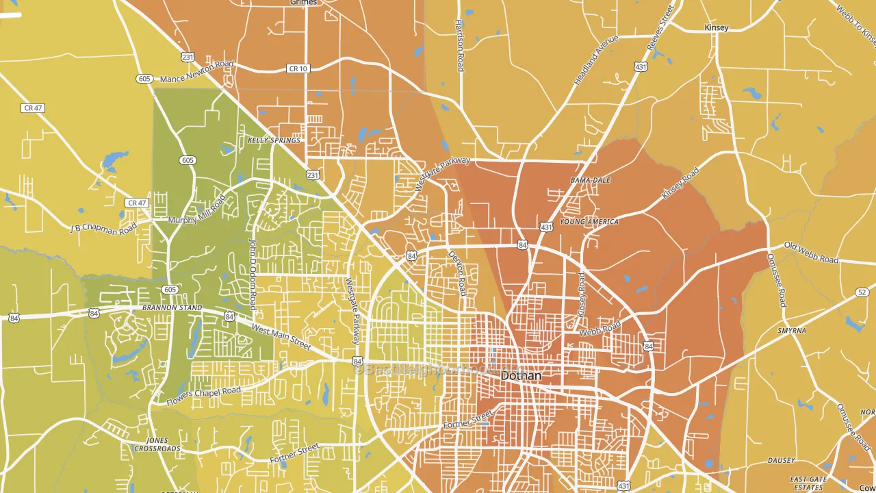 Map of the best neighborhoods in the 36303 area, with better matches in green and worse matches in red