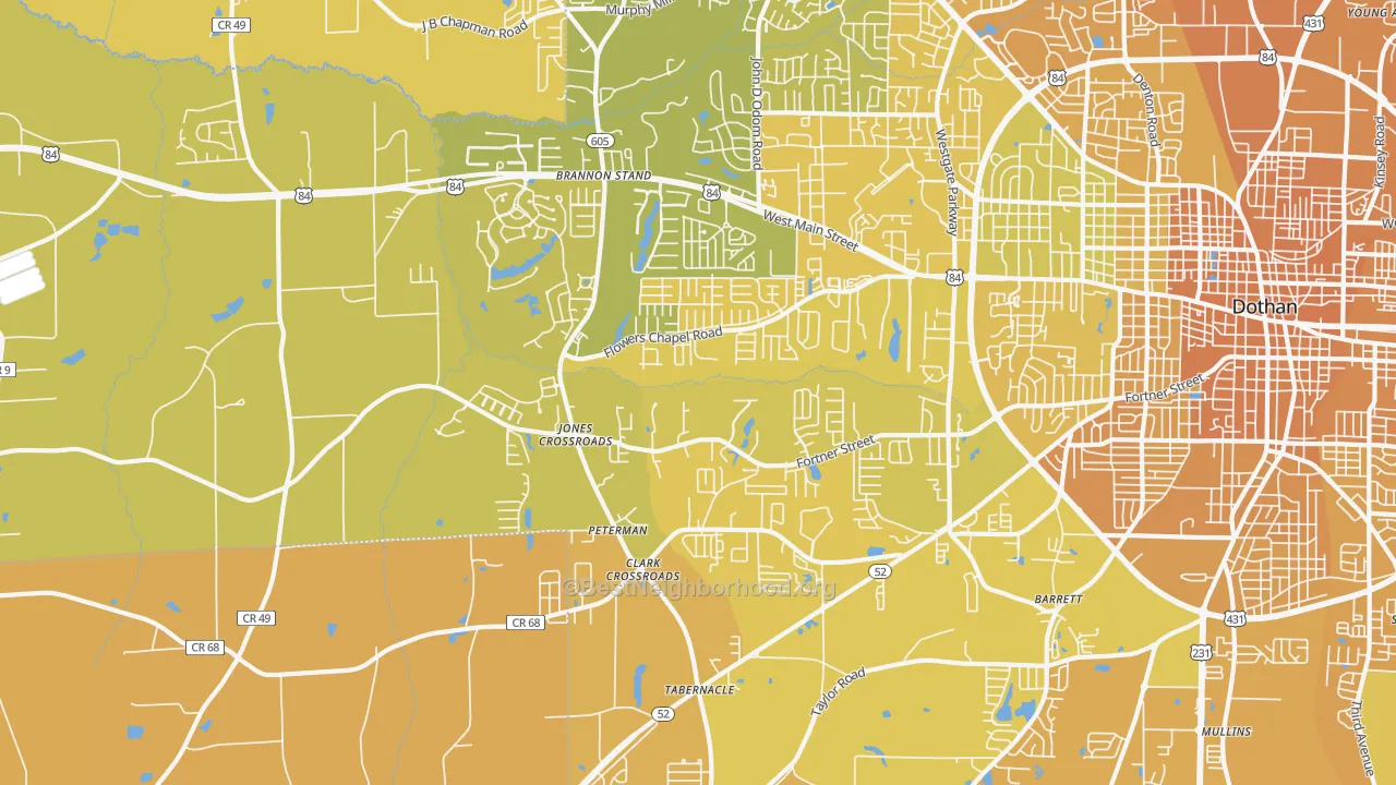 Map of the best neighborhoods in the 36305 area, with better matches in green and worse matches in red