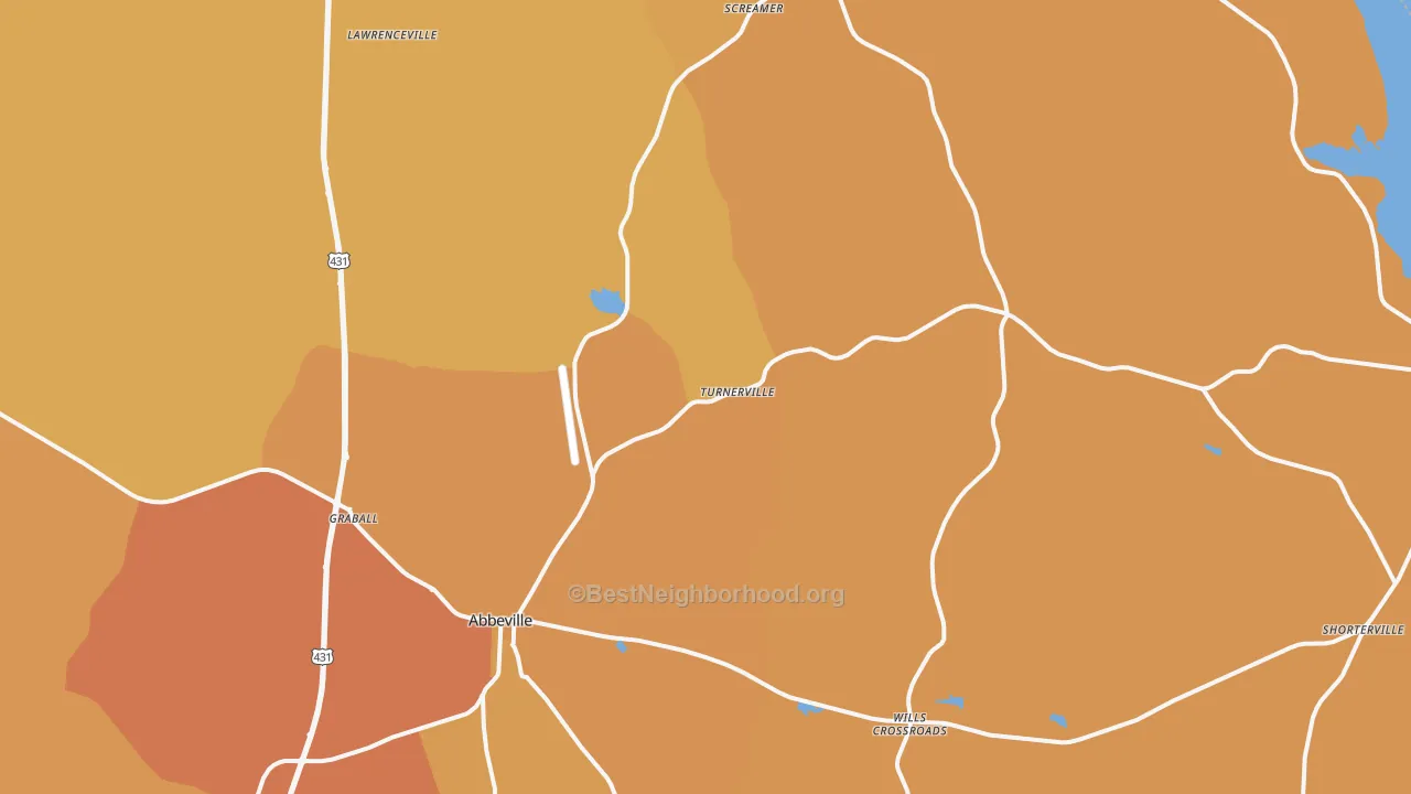 Map of the best neighborhoods in the 36310 area, with better matches in green and worse matches in red