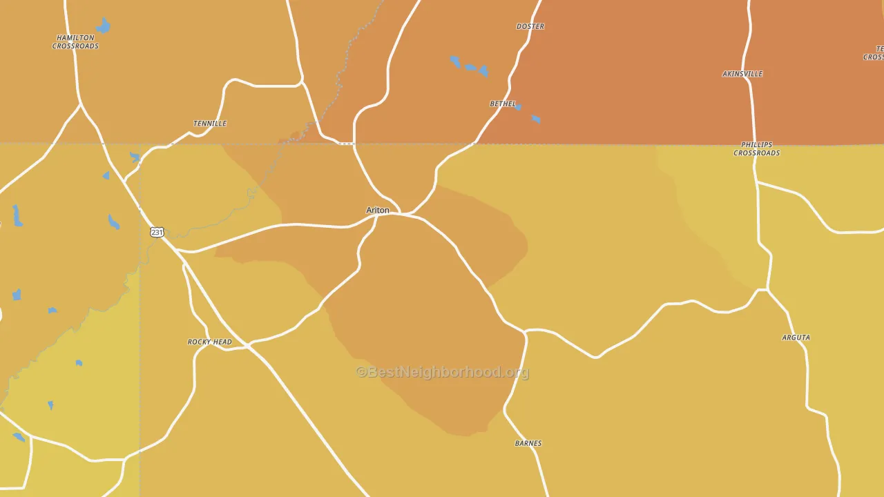 Map of the best neighborhoods in the 36311 area, with better matches in green and worse matches in red