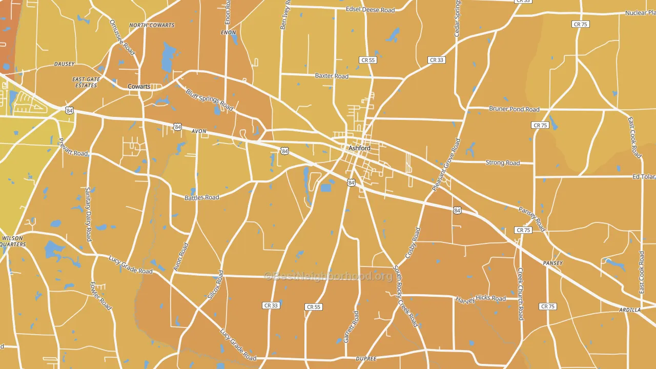 Map of the best neighborhoods in the 36312 area, with better matches in green and worse matches in red