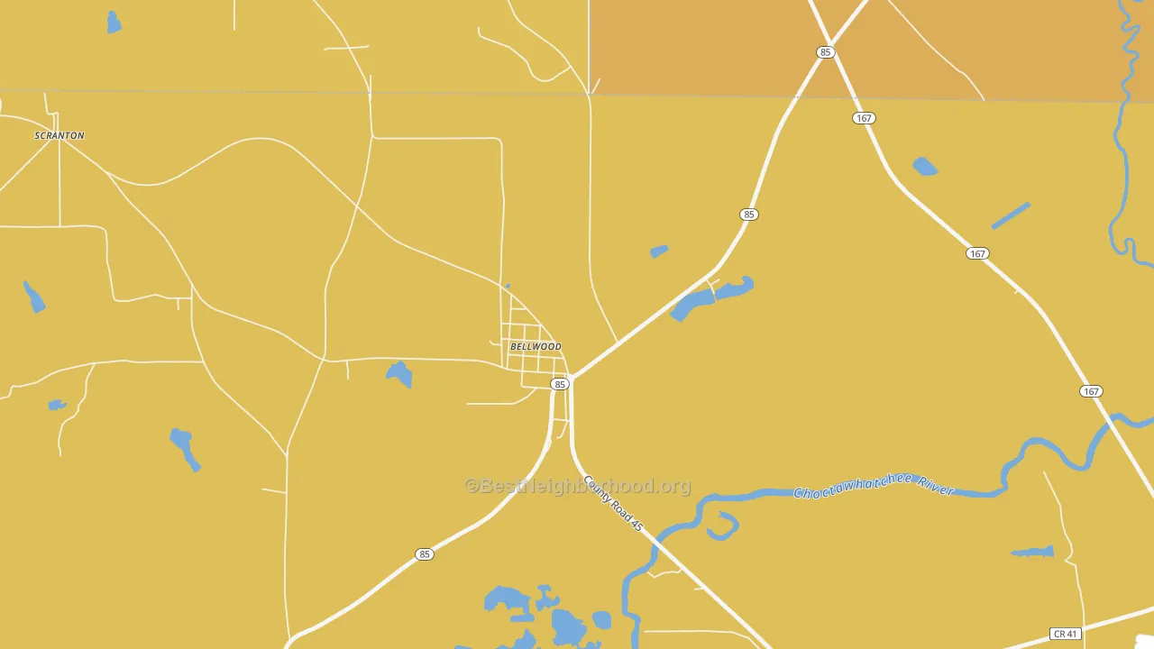 Map of the best neighborhoods in the 36313 area, with better matches in green and worse matches in red