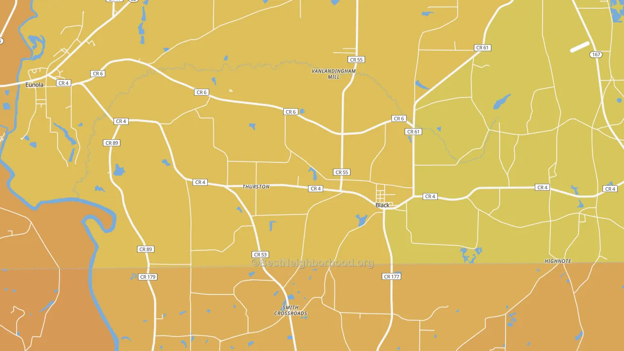 Map of the best neighborhoods in the 36314 area, with better matches in green and worse matches in red