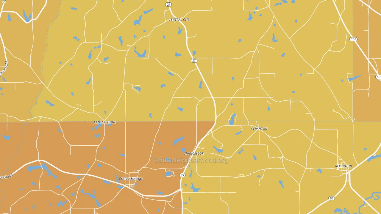 Map of the best neighborhoods in the 36316 area, with better matches in green and worse matches in red