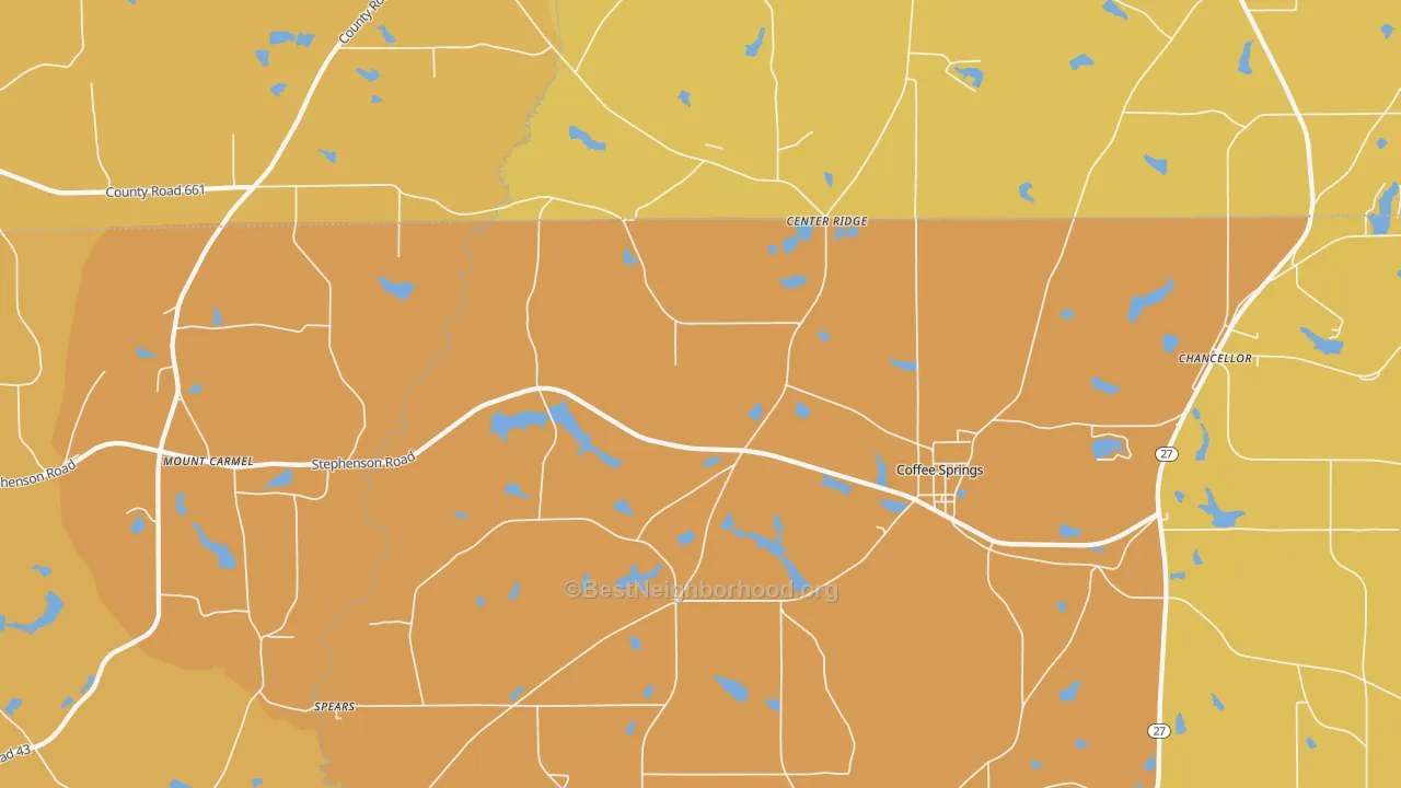 Map of the best neighborhoods in the 36318 area, with better matches in green and worse matches in red