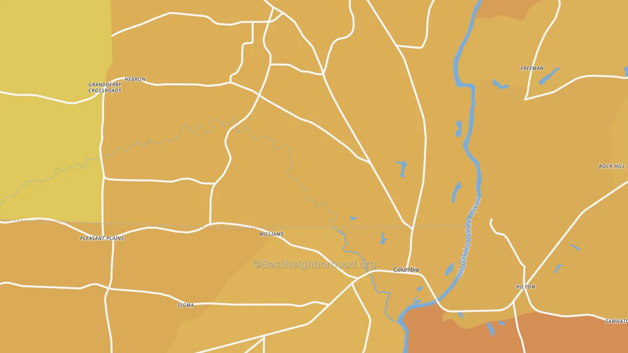 Map of the best neighborhoods in the 36319 area, with better matches in green and worse matches in red