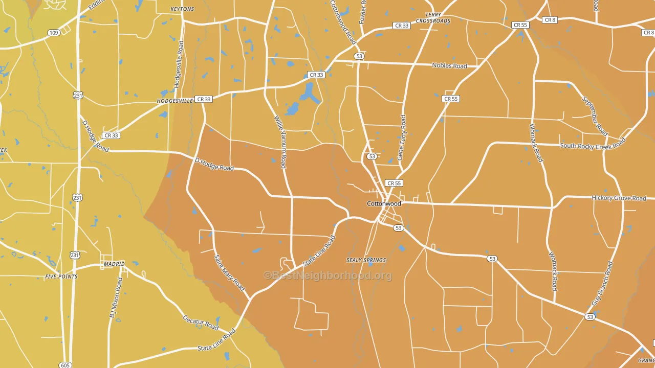 Map of the best neighborhoods in the 36320 area, with better matches in green and worse matches in red