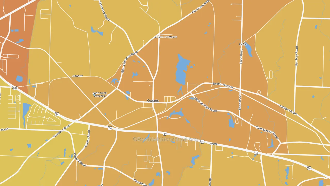 Map of the best neighborhoods in the 36321 area, with better matches in green and worse matches in red