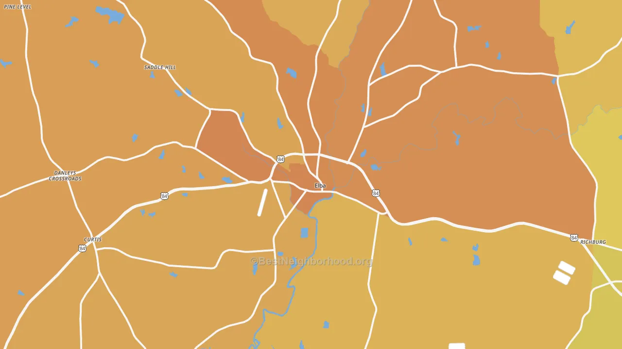 Map of the best neighborhoods in the 36323 area, with better matches in green and worse matches in red
