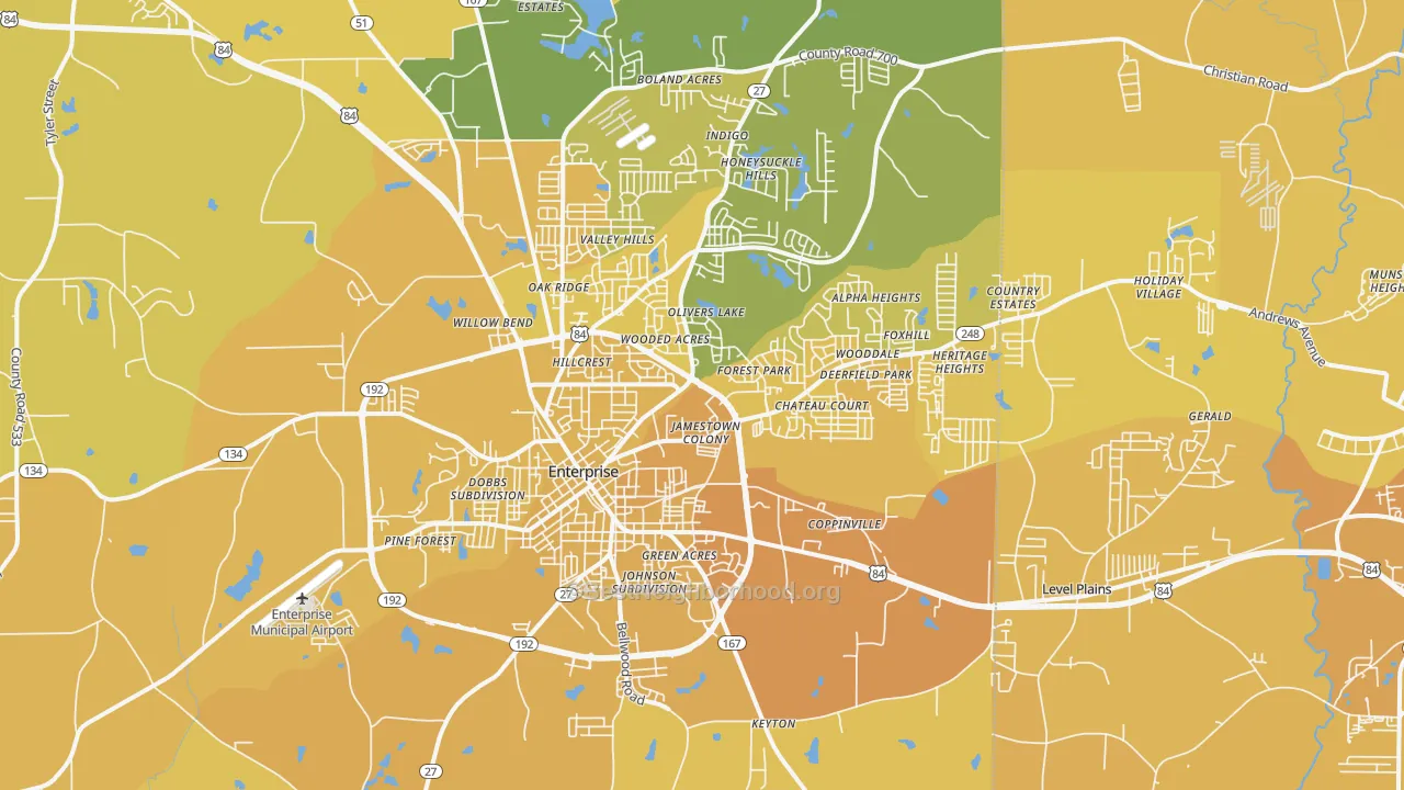 Map of the best neighborhoods in the 36330 area, with better matches in green and worse matches in red