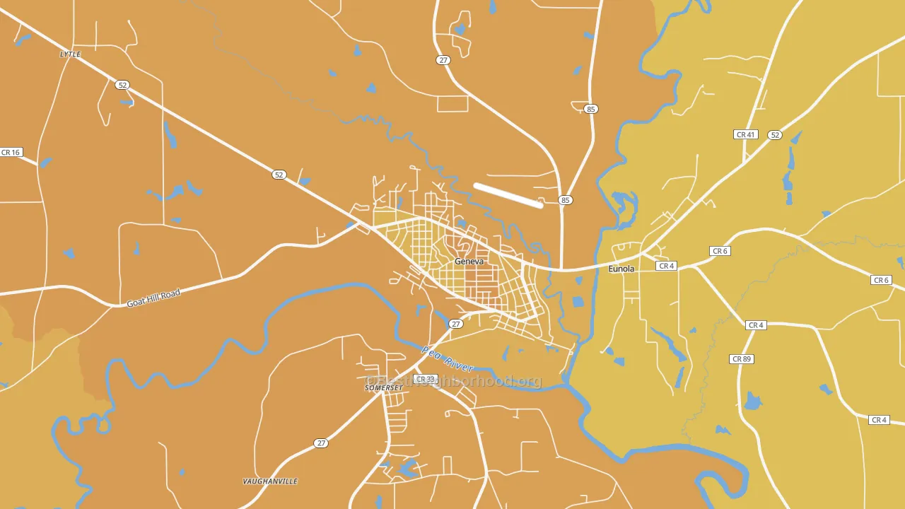 Map of the best neighborhoods in the 36340 area, with better matches in green and worse matches in red