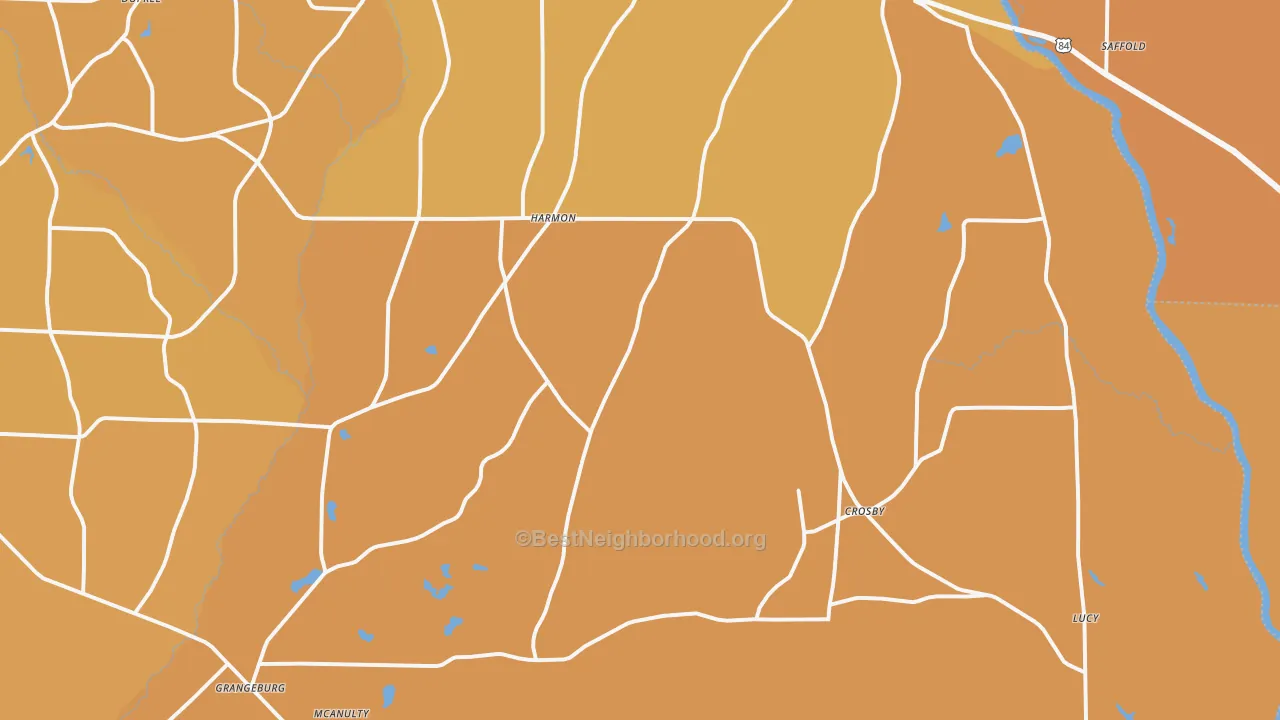 Map of the best neighborhoods in the 36343 area, with better matches in green and worse matches in red
