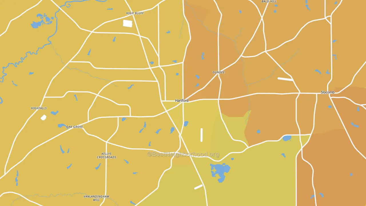 Map of the best neighborhoods in the 36344 area, with better matches in green and worse matches in red