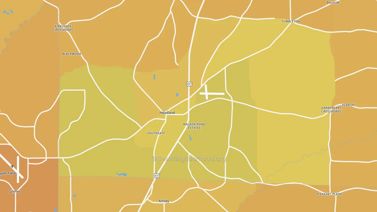 Map of the best neighborhoods in the 36345 area, with better matches in green and worse matches in red