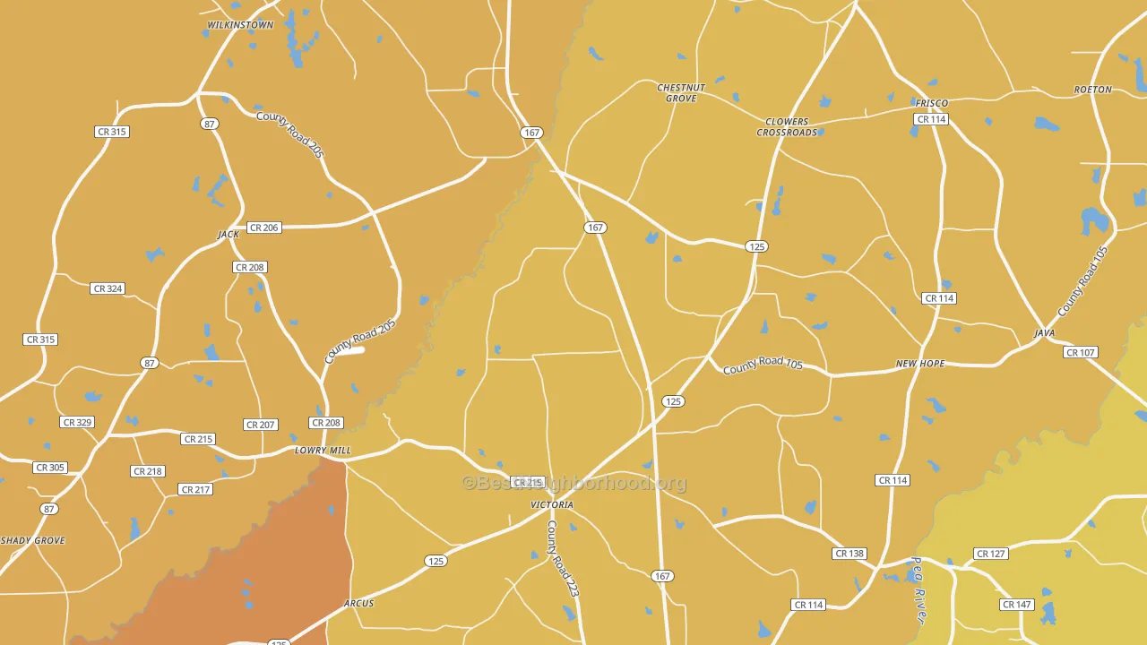 Map of the best neighborhoods in the 36346 area, with better matches in green and worse matches in red