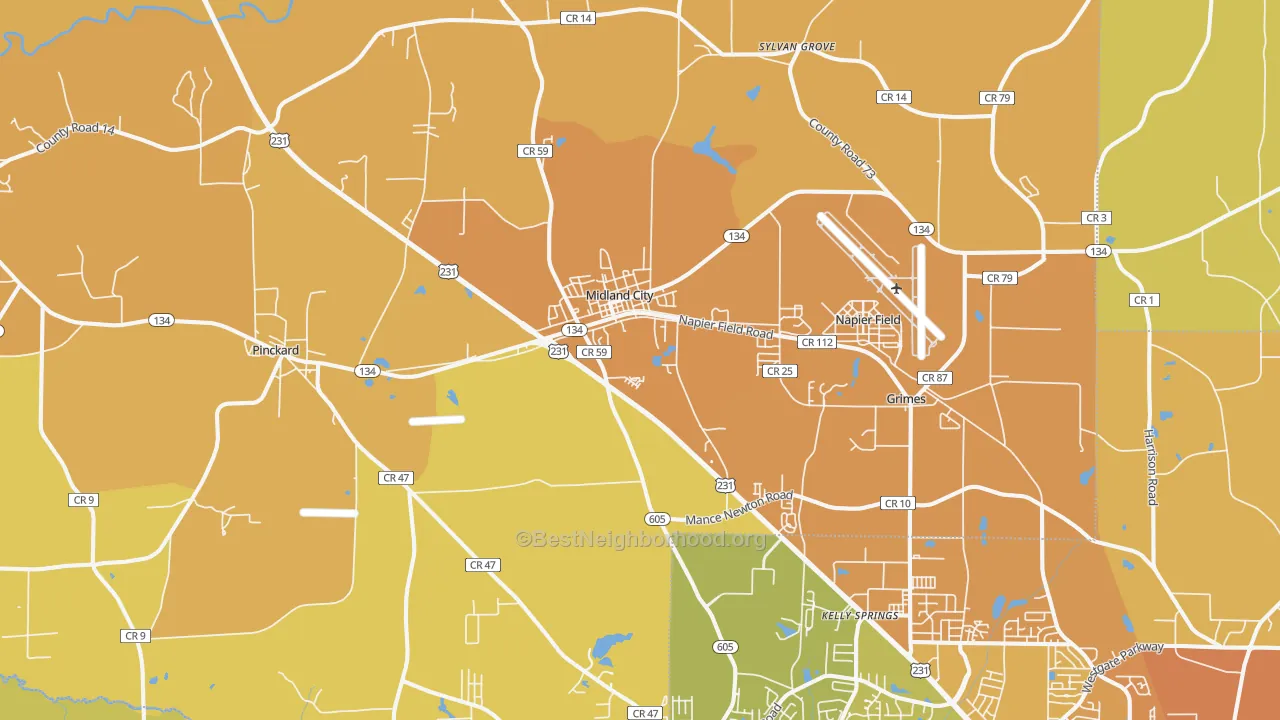Map of the best neighborhoods in the 36350 area, with better matches in green and worse matches in red