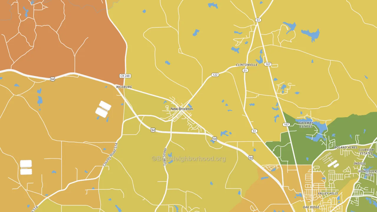 Map of the best neighborhoods in the 36351 area, with better matches in green and worse matches in red